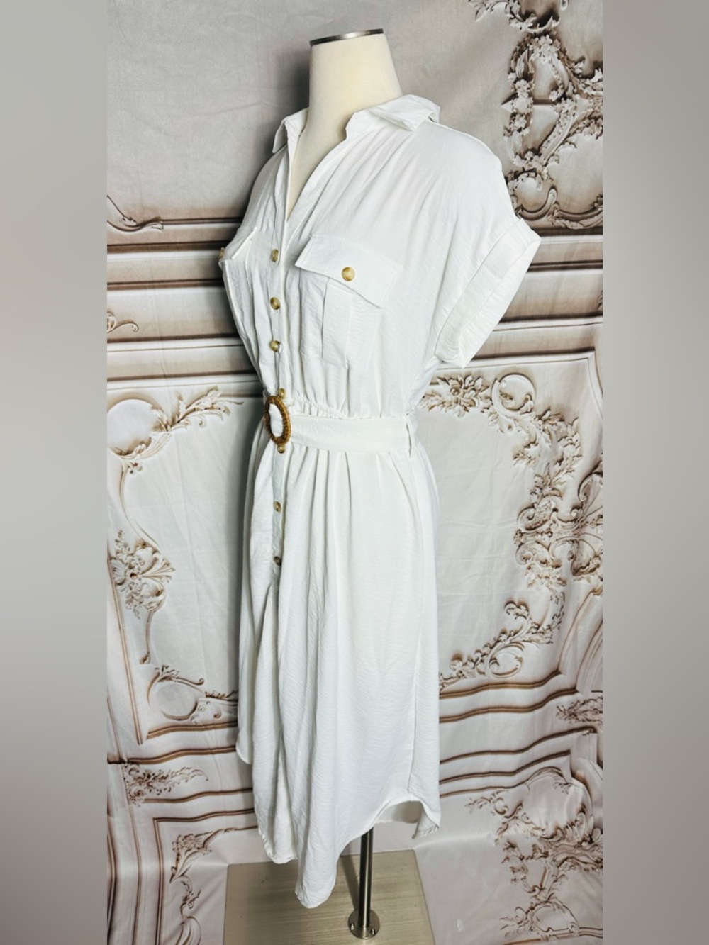Blu Pepper White Button-Front Maxi Shirt Dress with Woven Belt - Picture 6 of 11
